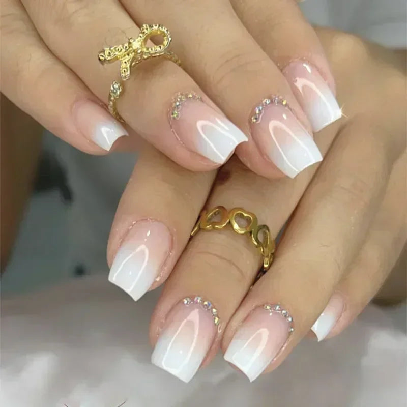 24Pcs French Gradient Short False Nails Set with Glue Nail Press on Nails