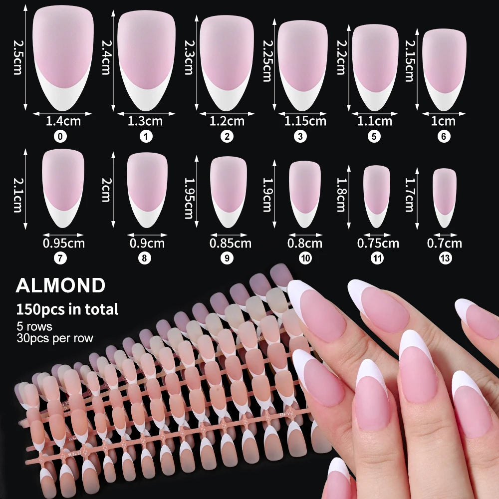 150Pcs French Gel Nail Tips Press On Nails Full Cover Nude or Pink Almond Shape 15 Sizes