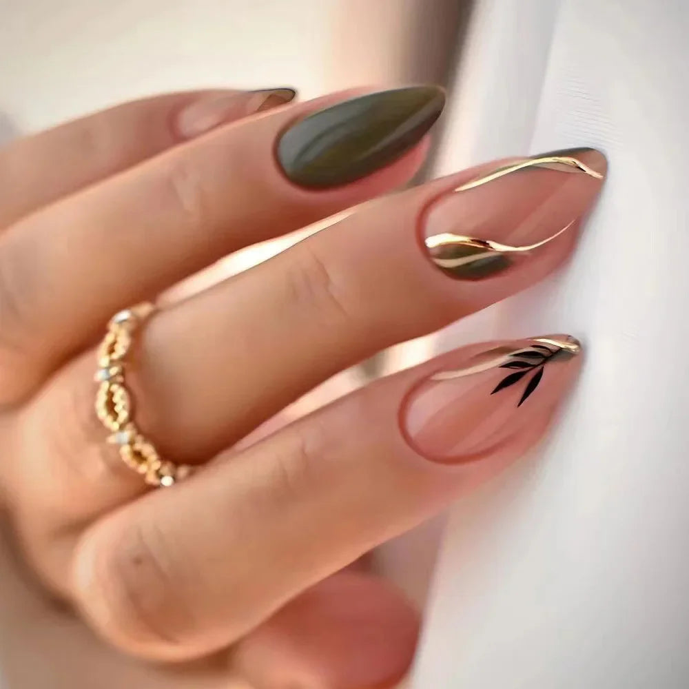 24Pcs Mid-length False Nails with Almond Head Design Brown Press on Nails