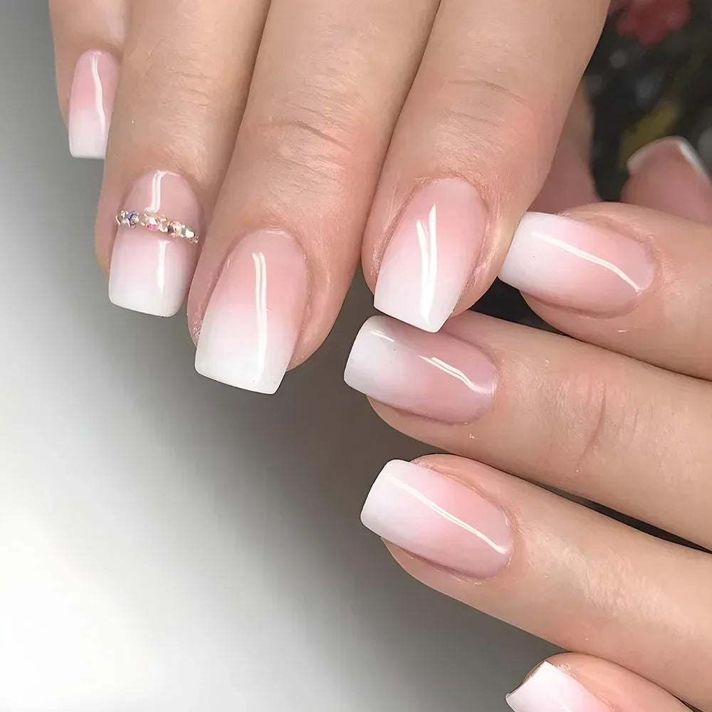 24Pcs French Gradient Short False Nails Set with Glue Nail Press on Nails