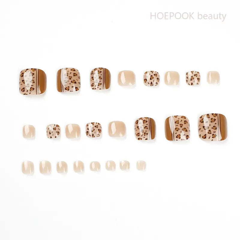24pcs Light Brown Leopard Waterproof False Toenails Removable Press On Toe Nail
