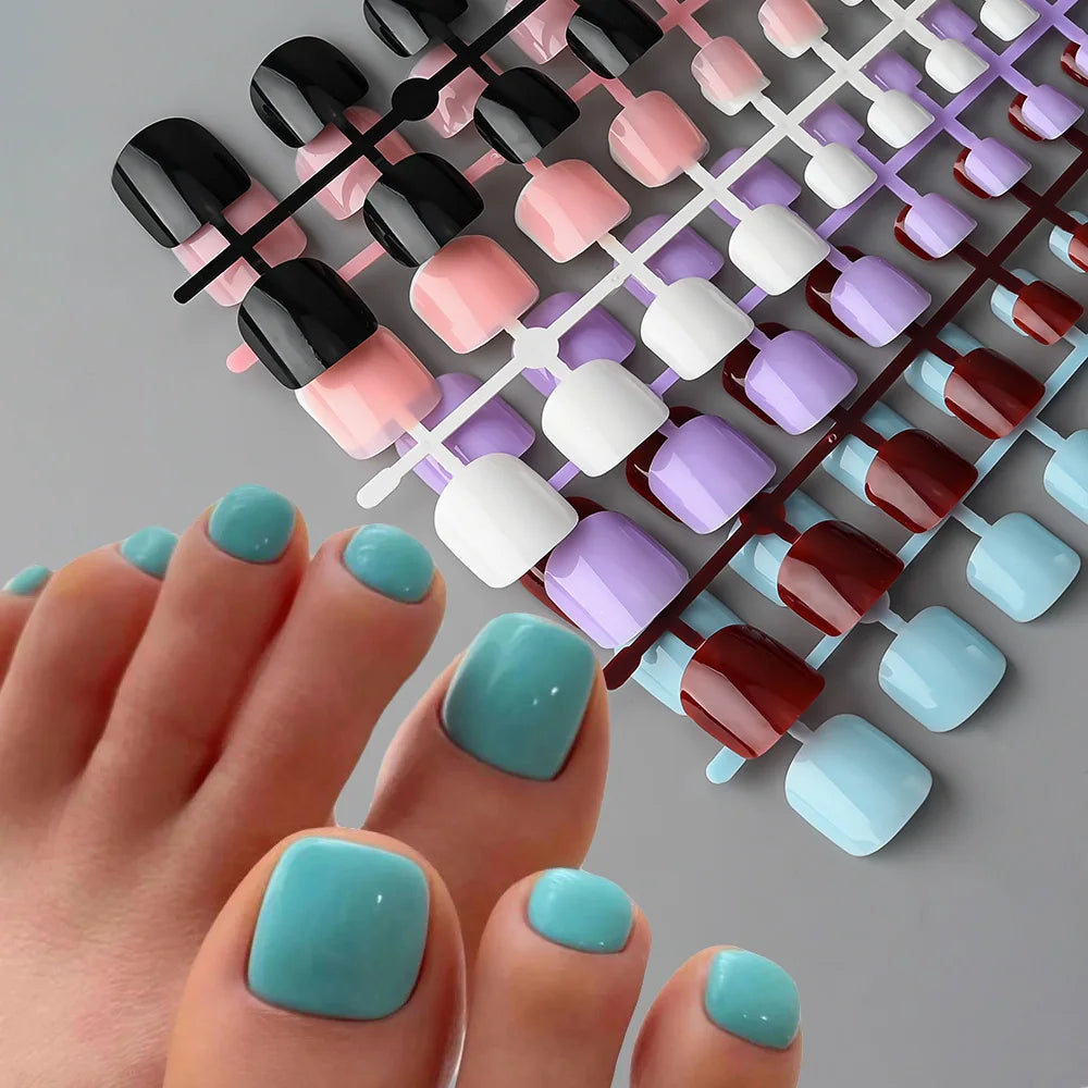 120 Pcs Short Square False Toe Nails Solid Color Press on Toenails