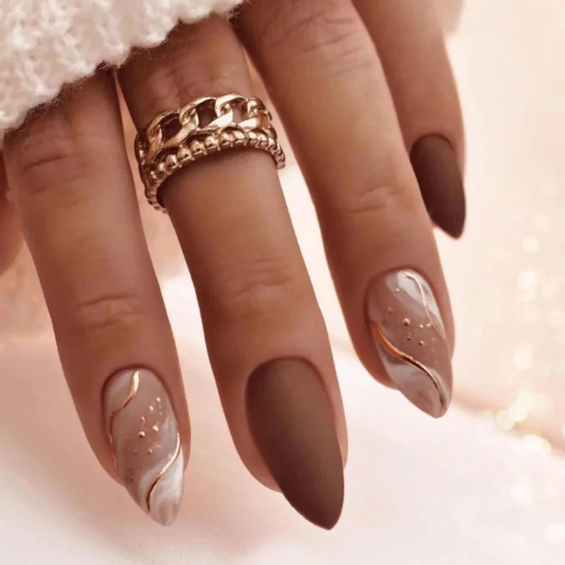 24Pcs Mid-length False Nails with Almond Head Design Brown Press on Nails