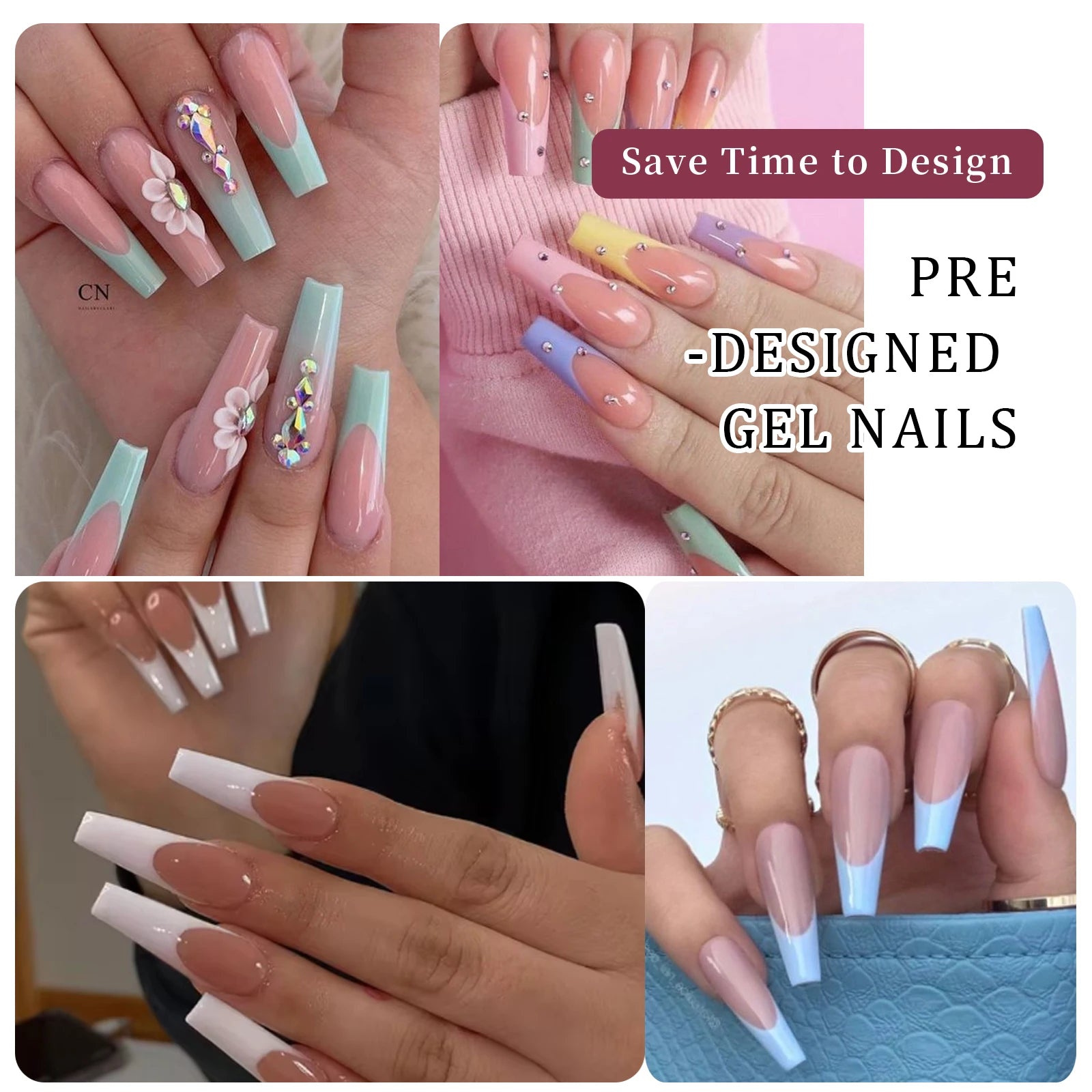 288 Pcs False Nails Tips Coffin Almond Colorful French Acrylic Press On Nails Pre-Designed Gel Press OnNails