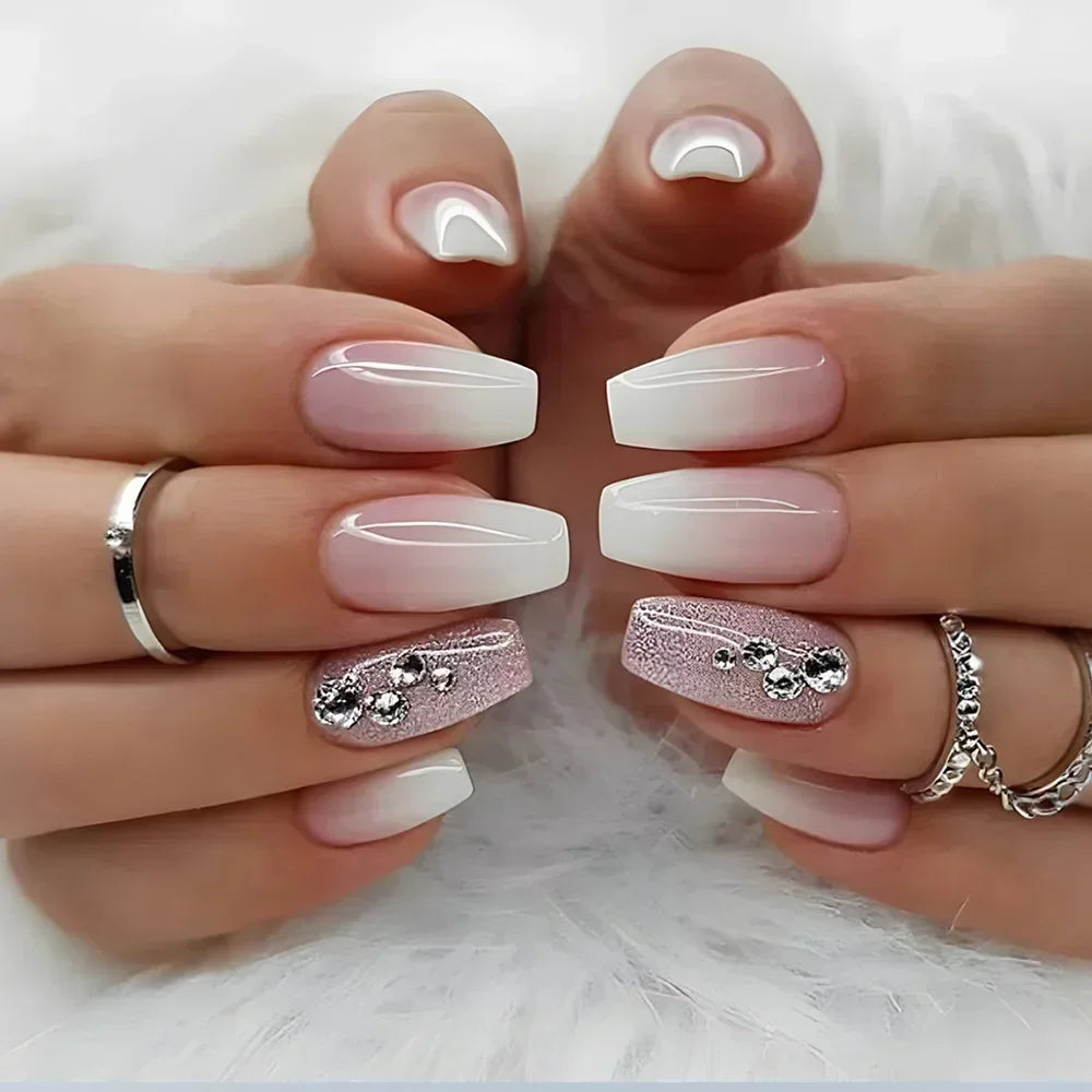 24Pcs French Gradient Short False Nails Set with Glue Nail Press on Nails