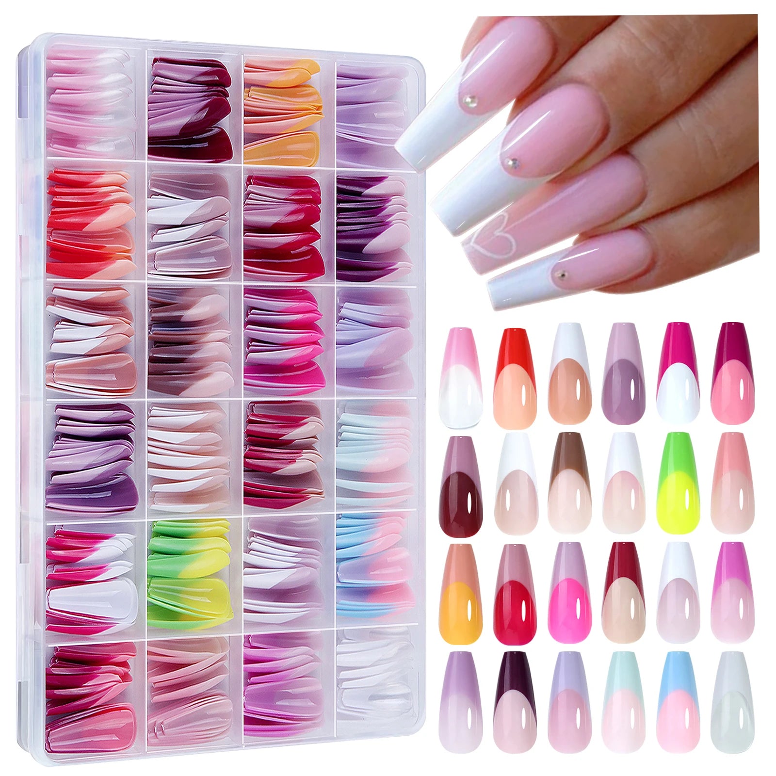 288 Pcs False Nails Tips Coffin Almond Colorful French Acrylic Press On Nails Pre-Designed Gel Press OnNails