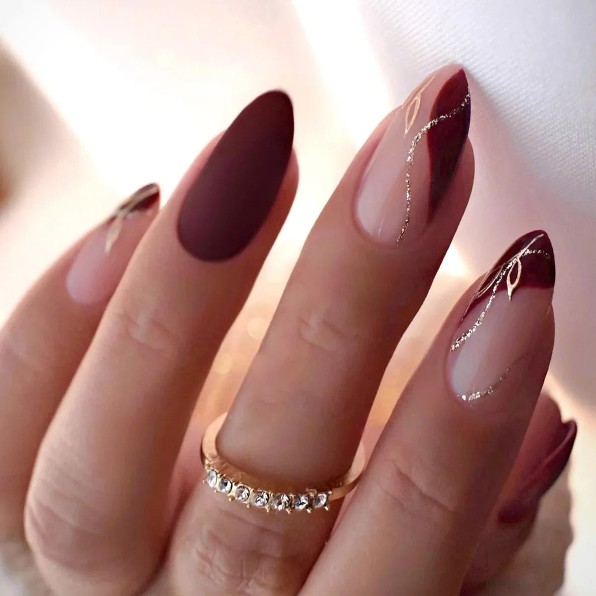 24Pcs Mid-length False Nails with Almond Head Design Brown Press on Nails