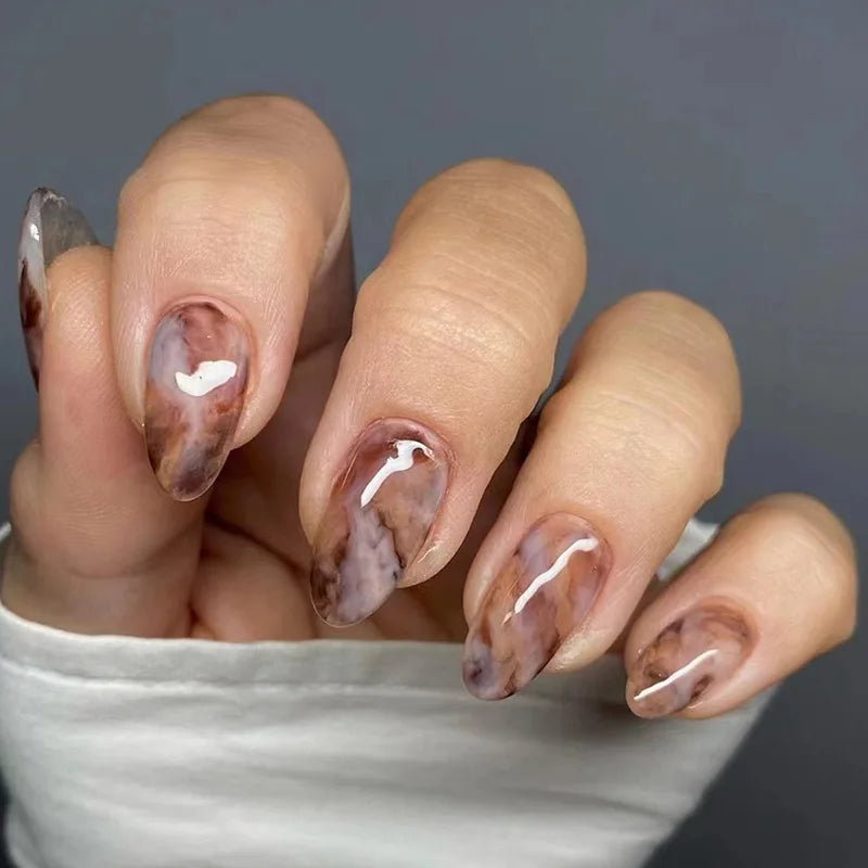24Pcs Mid-length False Nails with Almond Head Design Brown Press on Nails