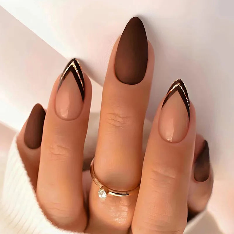 24Pcs Mid-length False Nails with Almond Head Design Brown Press on Nails