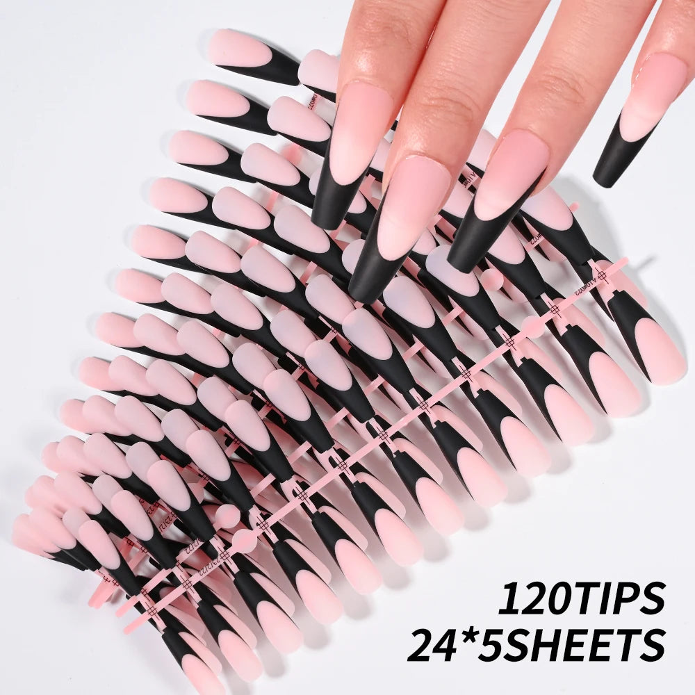 120Pcs Black French Gel Nail False Nails 12 sizes Press on Nails