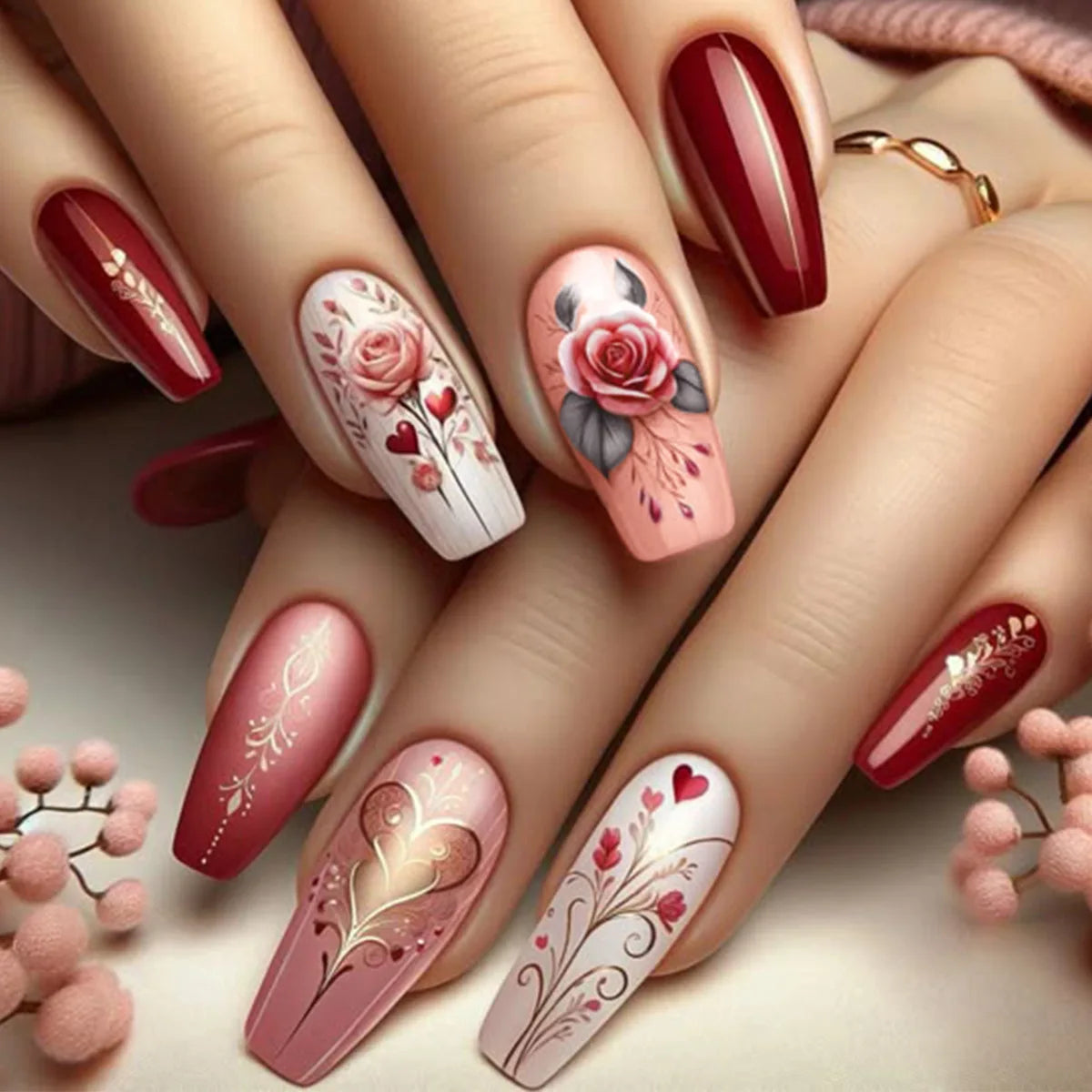 24pcs False Nails, Press on Nails Short Square - Valentine’s Day