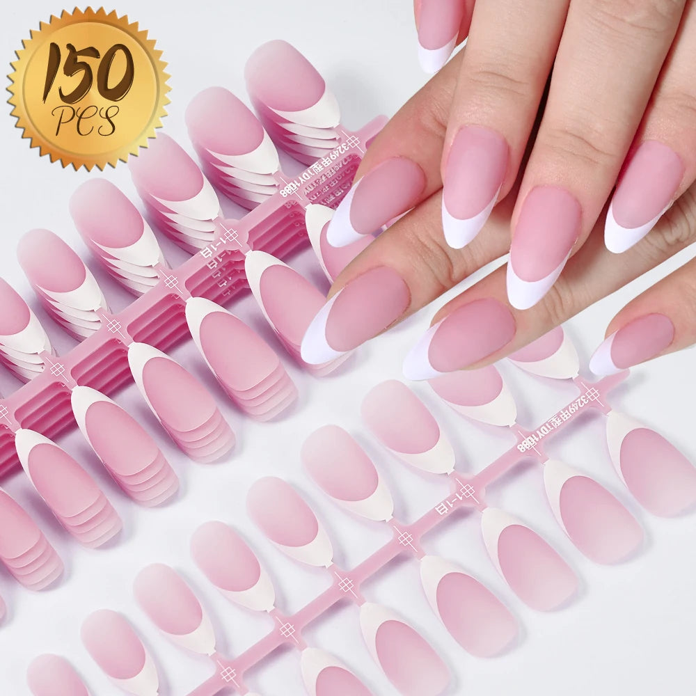 150Pcs French Gel Nail Tips Press On Nails Full Cover Nude or Pink Almond Shape 15 Sizes