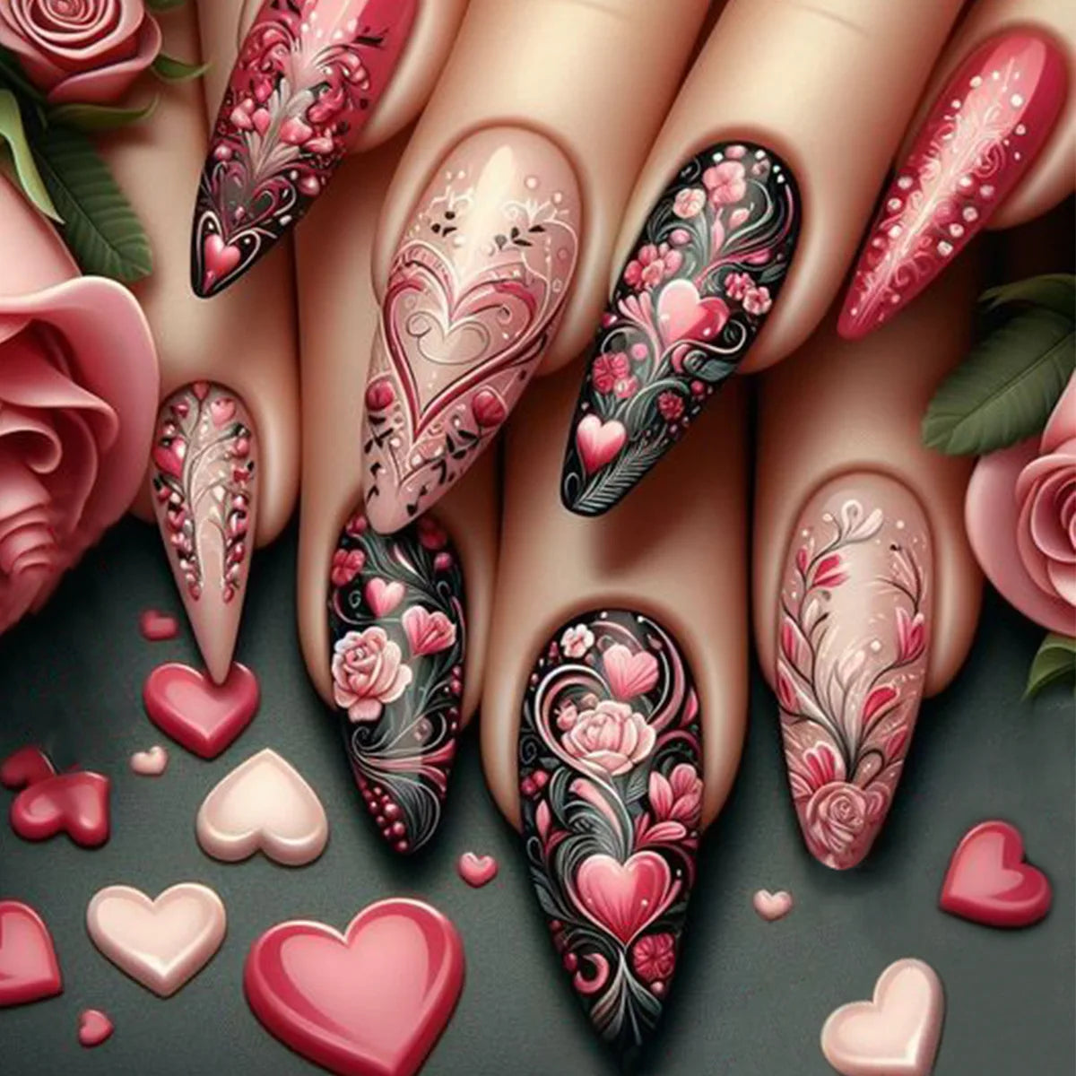 24pcs Round Head False Nails Press on Mid-length Almond - Valentine’s Day
