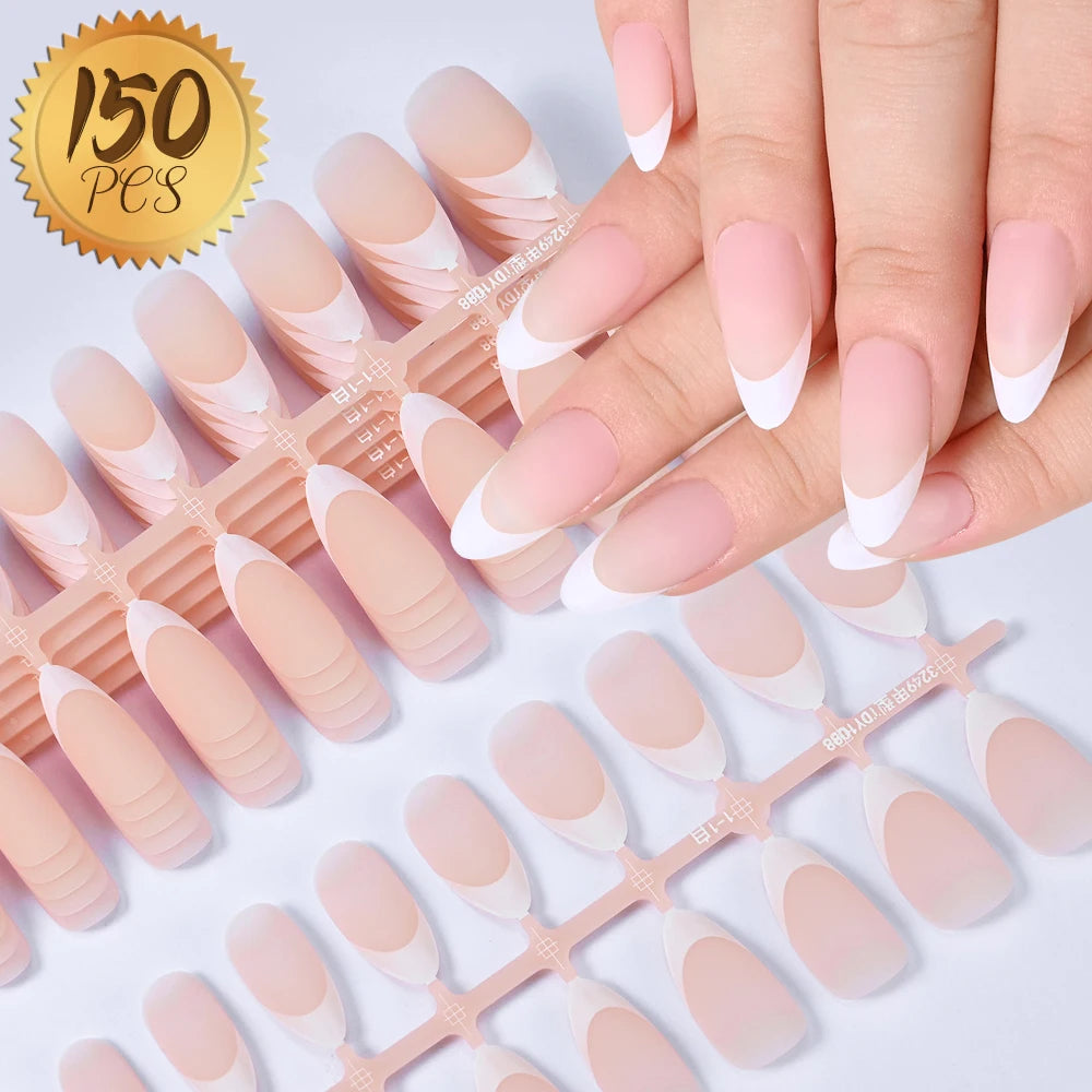 150Pcs French Gel Nail Tips Press On Nails Full Cover Nude or Pink Almond Shape 15 Sizes