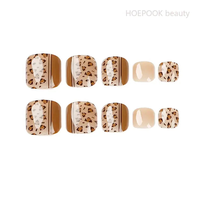 24pcs Light Brown Leopard Waterproof False Toenails Removable Press On Toe Nail