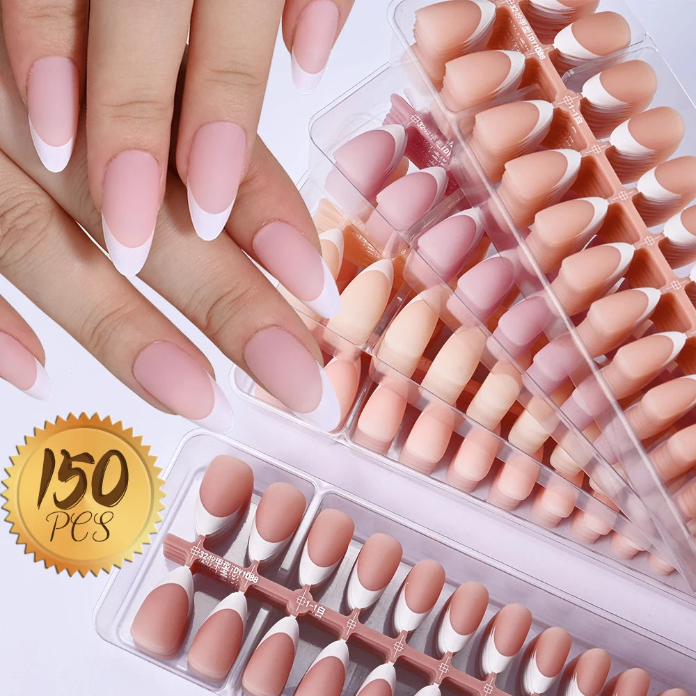 150Pcs French Gel Nail Tips Press On Nails Full Cover Nude or Pink Almond Shape 15 Sizes