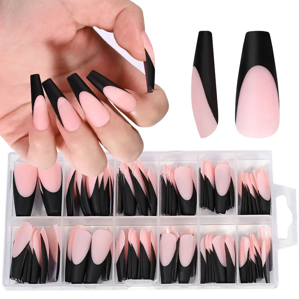 120Pcs Black French Gel Nail False Nails 12 sizes Press on Nails