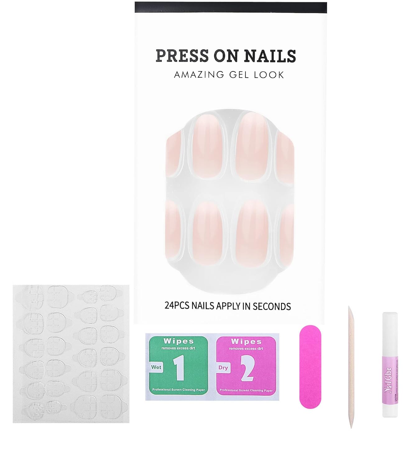 24-Piece Almond Press-On Nails Set with Adhesive