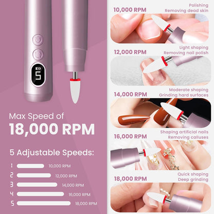 Cordless Electric Nail Drill Kit, Portable Rechargeable, Battery Electric Nail File, 5 Speeds Mode, LED Lighting, Reversible Direction, DIY