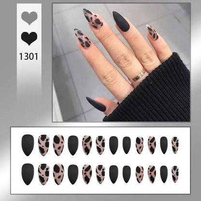 24pcs Leopard Print False Nails Black Press on Nails