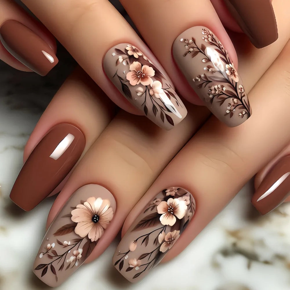 24pcs Press on Nails Flower Design Mid-length Ballet False Nail Brown Press on Nails