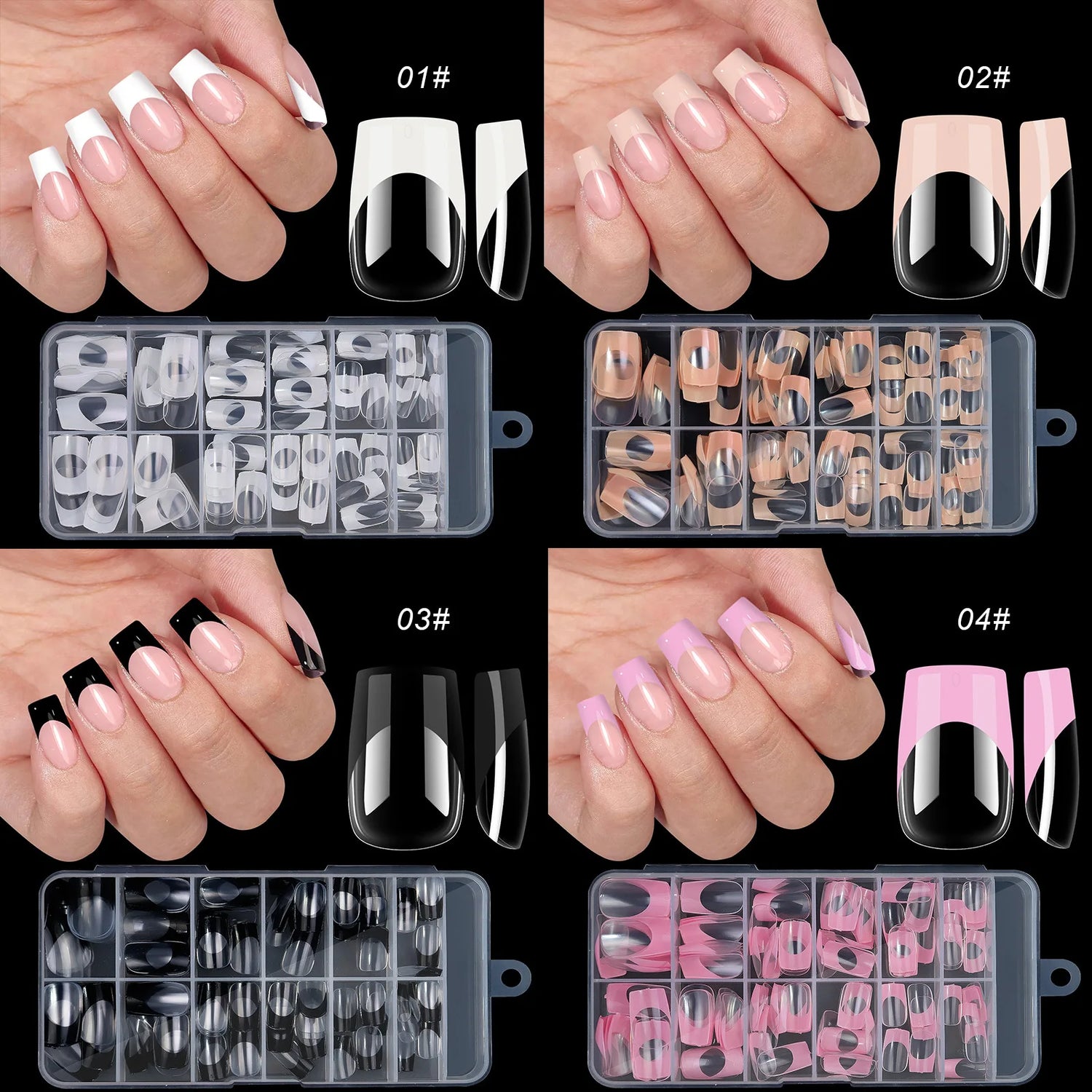 120pcs Boxed Acrylic French False Nails Multicolor Square Almond Nail Tips Full Cover Mixed Size Press On Nails