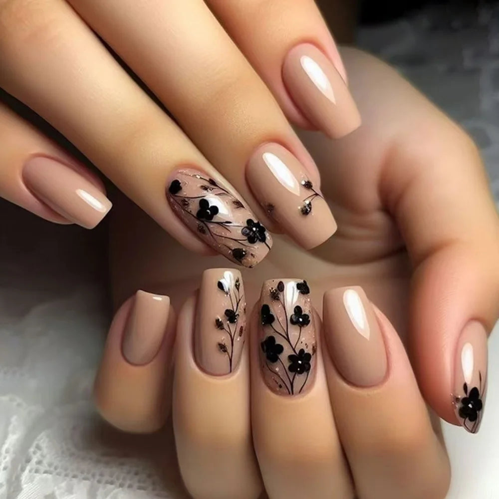 24pcs Short Ballet False Nails Brown Dried Flower Design Press on Nails